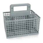 סל פלסטיק אפור עם מחיצות ידית מרכזית ופתחי רשת לאחסון ונשיאה.