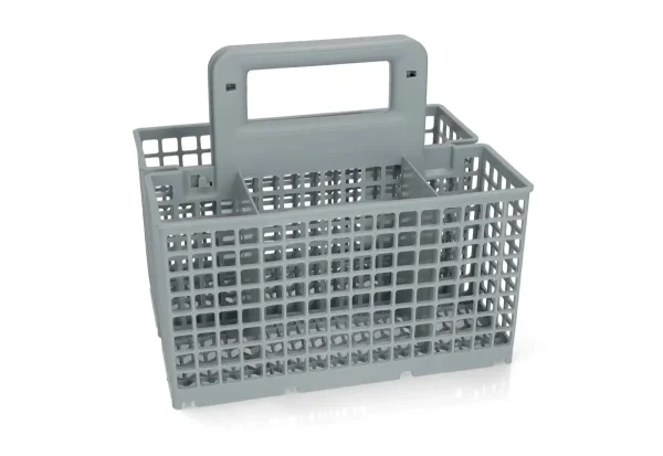 סל פלסטיק אפור עם מחיצות ידית מרכזית ופתחי רשת לאחסון ונשיאה.