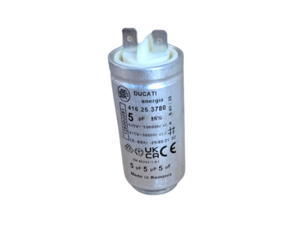 קבל למייבש כביסה 5 מיקרו פאראד עם תושבת מקורי Capacitor 5uF Electrolux AEG Zanussi Ducati 1250020516