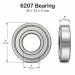 מיסב 6207 עם תרשים מידות 35x72x17 מ"מ | 6207 bearing dimensions 35x72x17 mm